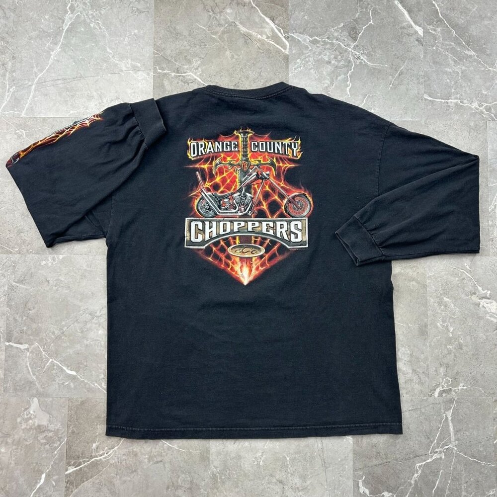 Vintage Orange County Choppers Graphic Tee Mens 2XL XXL Long Sleeve Flames Shirt